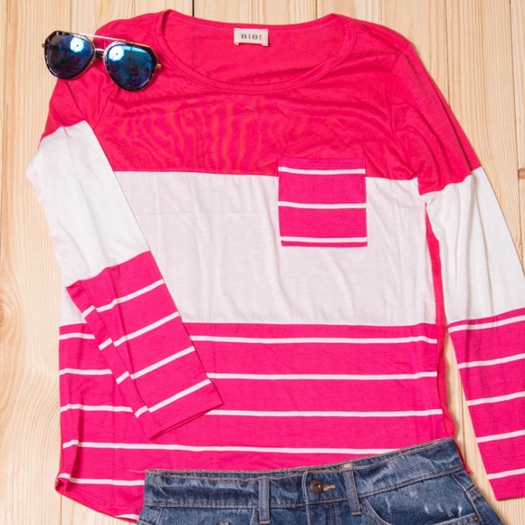 NWT Boutique Pink Stripe Pocket Top S M L - Picture 2 of 7